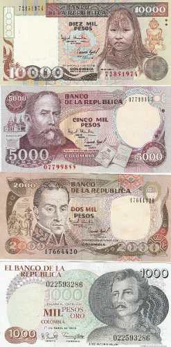 4 Billetes Antiguos D Colombia10 Mil,5 Mil,2 Mil Y Mil Pesos