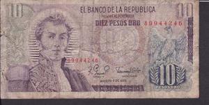 Billete De Colombia Diez (10) Pesos Oro - 7 Agosto 
