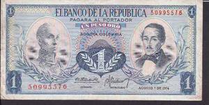Billete De Colombia Un (1) Peso Oro - 7 Agosto 