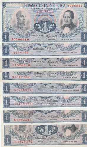 8 Billetes De Colombia Antiguos De 1 Peso Diferentes Fechas