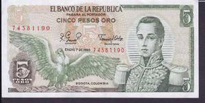 Billete De Colombia Cinco (5) Pesos Oro - 1 Enero 