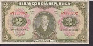 Billete Antiguo De Colombia Dos (2) Pesos Oro - 1 Enero 