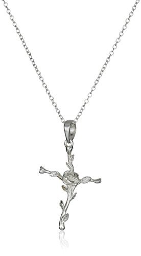 Sterling Silver Cross With Rose And Leaves Pendant !
