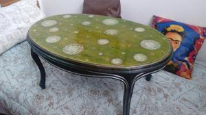 vendo mesa madera decorada verde 88 cms largox 40 cms alto