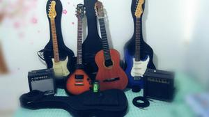3 guitarras electricas, 1 guitarra electroacustica, 2