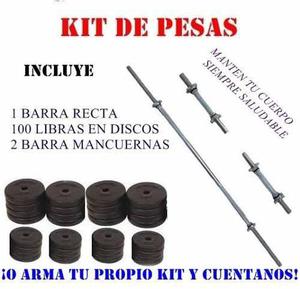 Kit de Pesas Mas Obsequio: 1 Barra Recta, 2 Barra