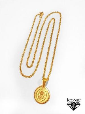 Cadena Acero Dorado Medalla San Benito De Abad Iconic
