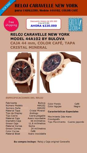 Reloj Caravelle New York By Bulova Mod. 44a102 Color Cafe
