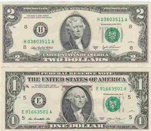 2 Billetes De Estados Unidos De 1 Y 2 Dolares