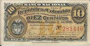 Billete Colombia Banco Nacional  Diez Centavos Muy Bonit