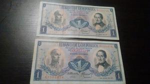 Colombia 2 Billetes 1 Peso Oro 