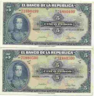 Billete Colombia 5 Pesos  Pareja Muy Bonitos Jp