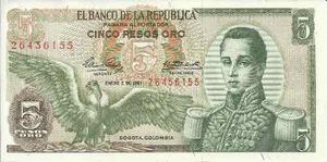 Billete Colombia Cinco Pesos  Nuevo