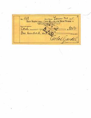 Cheque De Carlos Gardel De  Por 100 Dolares Original