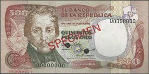 Colombia 500 Pesos 12 Oct  Bgw396s Specimen