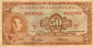 Billete De Cincuenta Pesos De Colombia,del 67.