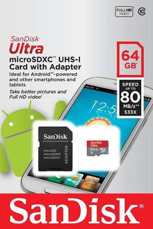 Tarjeta Microsd 64gb Clase 10 Sandisk Ultra Original 80 Mb/s