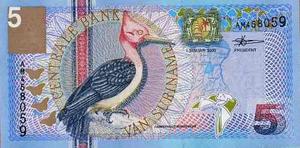 Billete Suriname 5 Gulden Unc De Aves Y Flores
