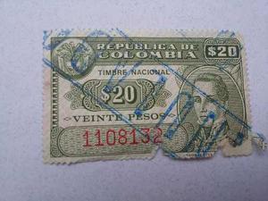 20 Pesos Timbre Nacional Capitolio República De Colombia