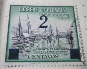 Puerto Cartagena Pesca Overprinted Estampilla Colombia