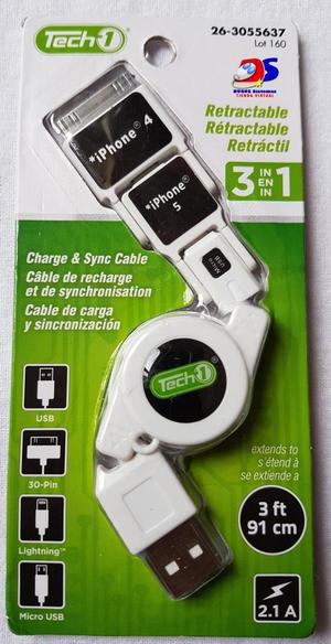 Cable Retractil 3en1 para Iphone de 30pin/Lightning/MicroUSB