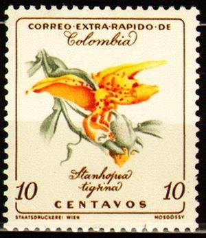 ESTAMPILLA 10 CTVS COLOMBIA ORQUIDEA STANHOPEA TIGRINA