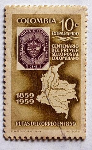 ESTAMPILLA 10 CTVS COLOMBIA RUTAS DEL CORREO CENTENARIO