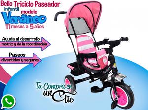 Lindo Triciclo Paseador infantil VERANEO con techito y