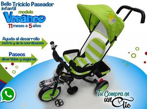 Triciclo Paseador infantil VERANEO, Capota y campanita, de