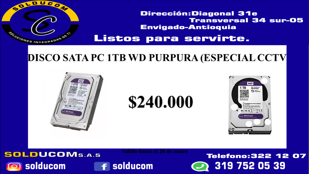 DISCO SATA PC 1TB WD PURPURA ESPECIAL CCTV