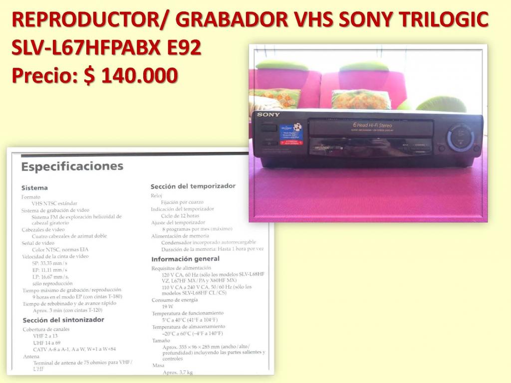 REPRODUCTOR/ GRABADOR VHS SONY TRILOGIC SLVL67HFPABX E92
