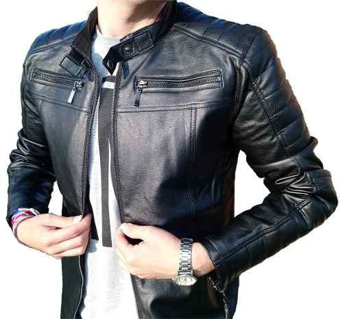 Chaqueta Cuero Sintetico Para Hombre Negra Slim