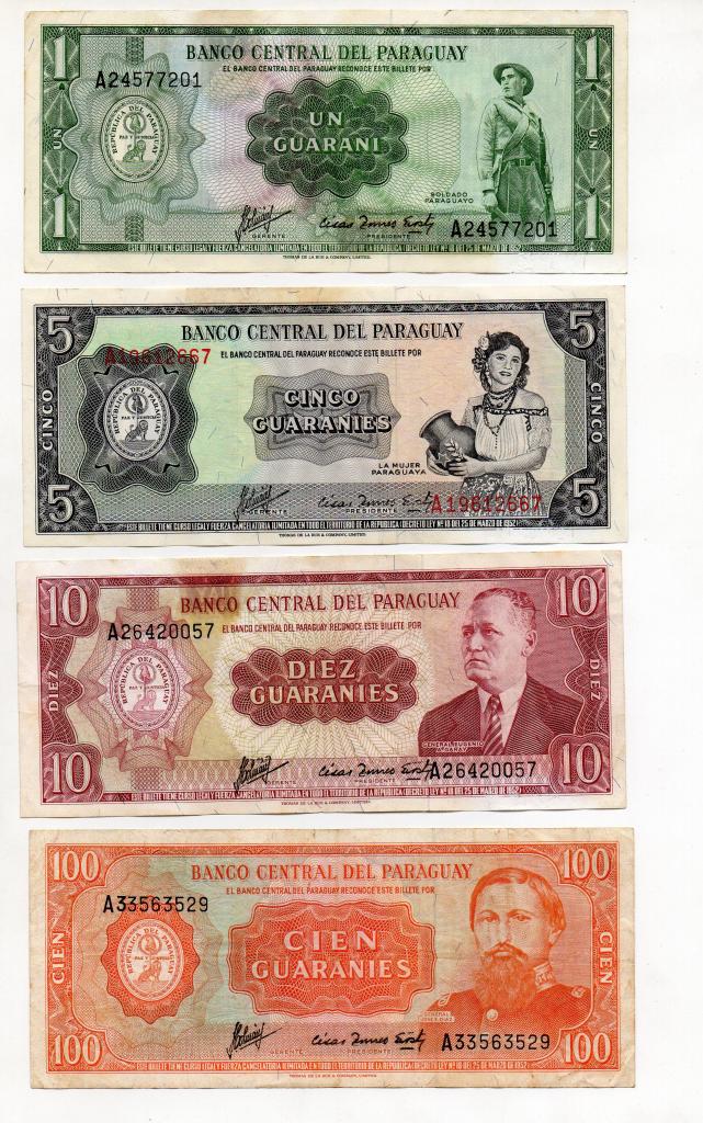 4 billetes de Paraguay de  y 100 guaranís