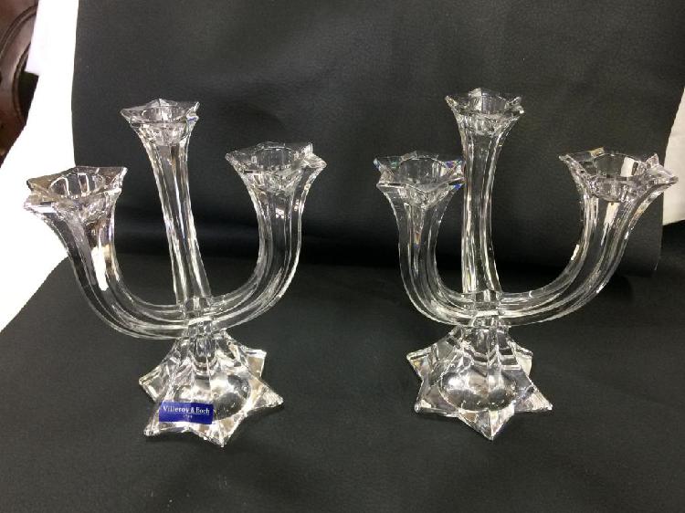 PAR CANDELABROS CRISTAL VILLEROY BOCH 1748 DE TRES VELAS