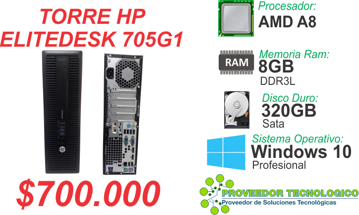 TORRE HP ELITEDESK 705G1 AMD A8 RAM 8GB DDR3L DISCO 320GB