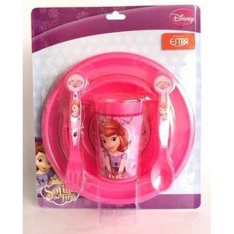 Plato+taza+vaso+cubiertos Princesa Sofia Disney 5pz Vajilla