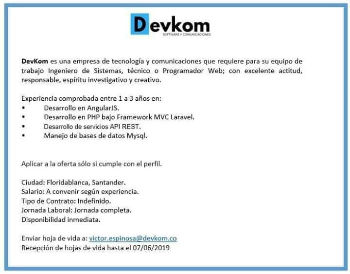 Oferta Laboral para Ingenieros de Sistemas, Técnicos o