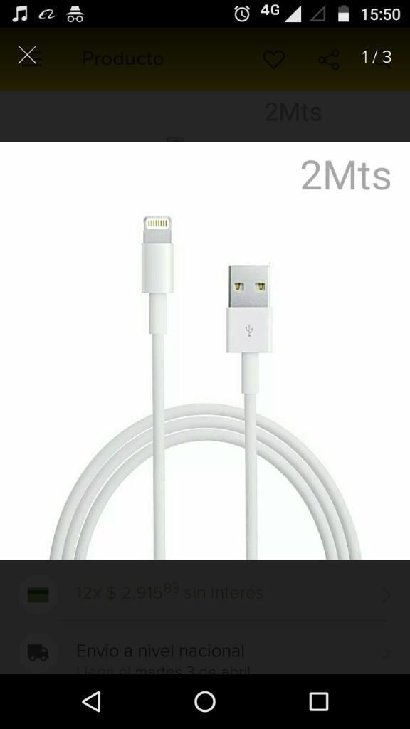 Cable Lightning 2mt iPhone 5,5s,6,6s,7,