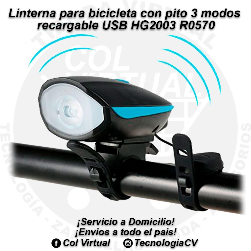 Linterna para bicicleta con pito 3 modos recargable USB