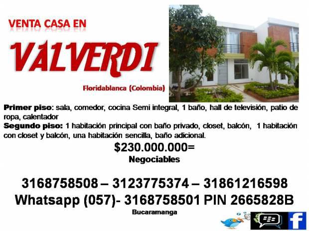 Casa valverdi de dos pisos via al carmen floridablanca