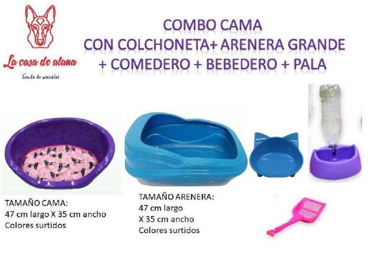 Cama Arenera Bebedero Comedero para Gato