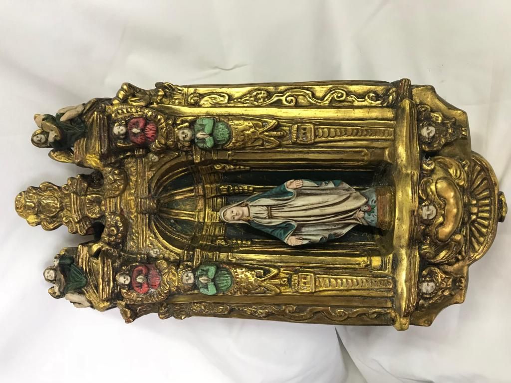 VIRGEN MILAGROSA CON NICHO MADERA Y CERÁMICA, DE COLGAR