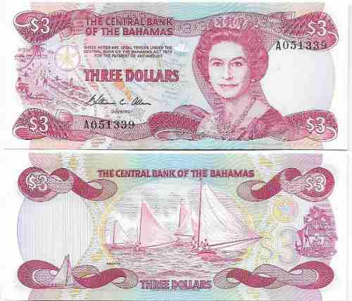 Billete Bahamas 3 Dolares 1974 Papel Moneda Unc