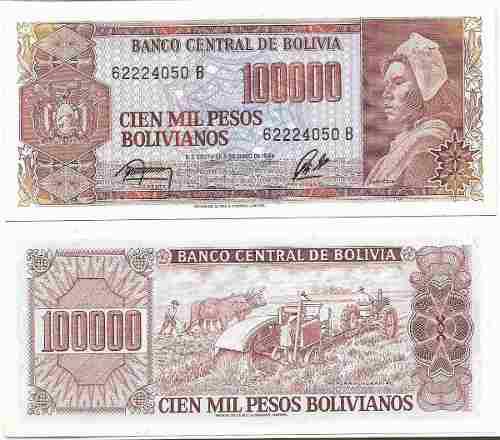Billete Bolivia 100.000 Pesos D.s. 1984, Papel Moneda Unc