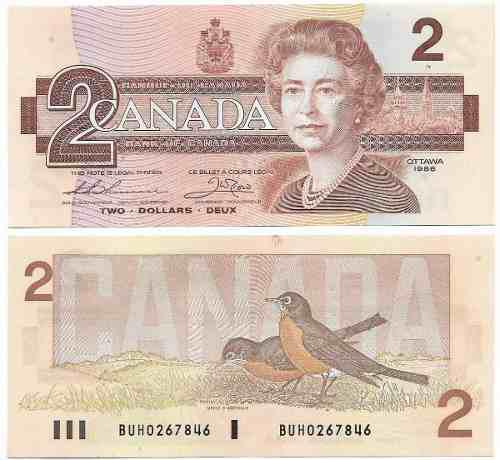Billete Canada 2 Dolares 1986 Papel Moneda Au+