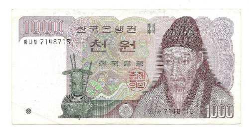 Billete De Korea Del Sur 1000 Won Papel Moneda Usado Circula