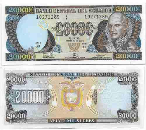 Billete Ecuador 20.000 Sucres 1999 Af, Papel Moneda Unc