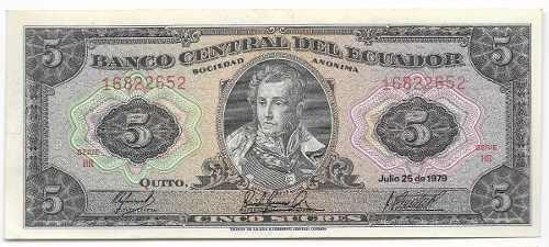 Billete Ecuador 5 Sucres 1979 Serie Hr, Papel Moneda Unc
