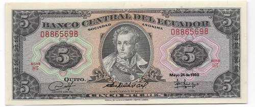 Billete Ecuador 5 Sucres 1980 Serie Ht, Papel Moneda Xf
