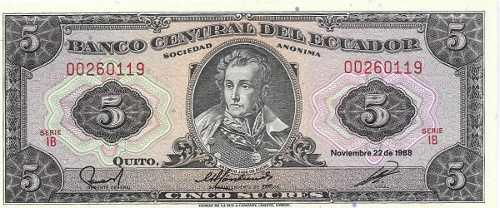 Billete Ecuador 5 Sucres 1988 Serie Ib, Papel Moneda Au+
